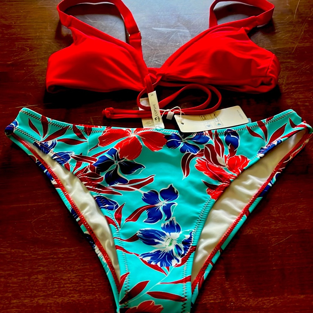 Cupshe Red Bikini Top with Turquoise Floral Bottoms